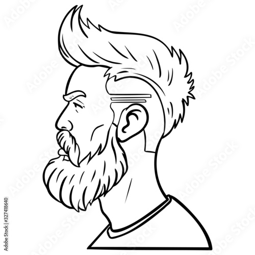 Man with a full beard from the side.  cool undercut hipster hairdresser.  Outline comic illustration, avatar, monochrome, vector, profile, page.
