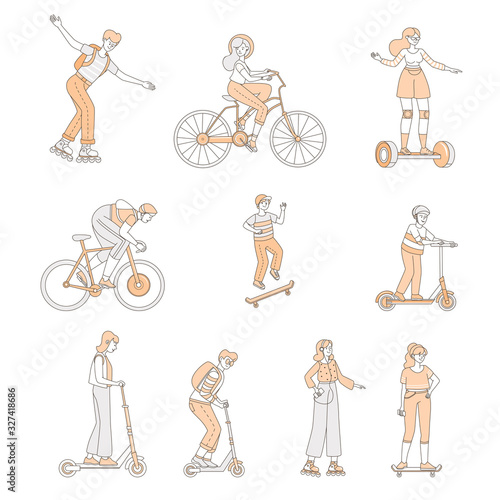 Boys and girls riding on modern personal transport. People with roller skates, bicycles, skateboards.