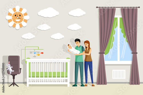 Parents holding baby and standing in baby room vector flat illustration. Parenting, togetherness.