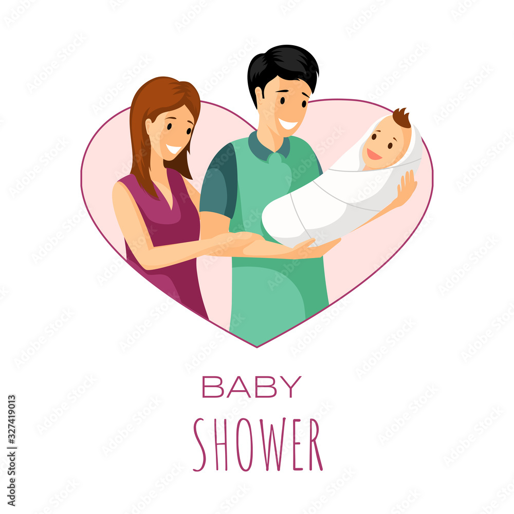 Obraz premium Baby shower invitation card design. Mother, father and child, parenting, love, happy parents day card concept.