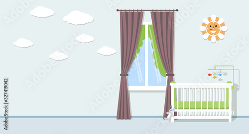 Baby room interior vector flat concept. Childrens room, nursery and playroom design.