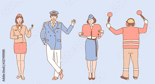 Airport and airline workers illustration. Aircrew, stewardess, pilot and airport employee characters.