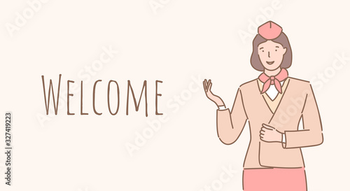 Welcome aboard vector banner design. Stewardess welcoming you to the airplane outline poster design.