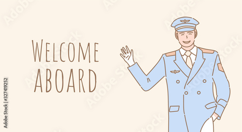 Welcome aboard vector banner design. Pilot welcoming you to the airplane outline poster design.