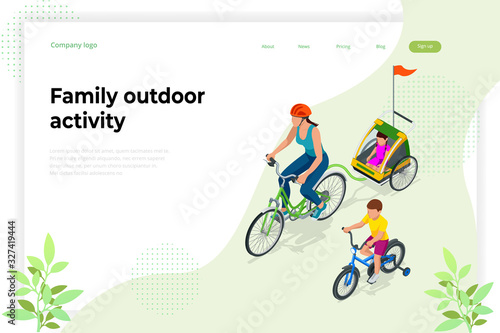 Family outdoor activity. Happy family concept. Healthy Lifestyle Outdoor. Bicycle isometric people.