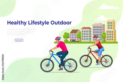 Family outdoor activity. Happy family concept. Healthy Lifestyle Outdoor. Bicycle isometric seniors people.