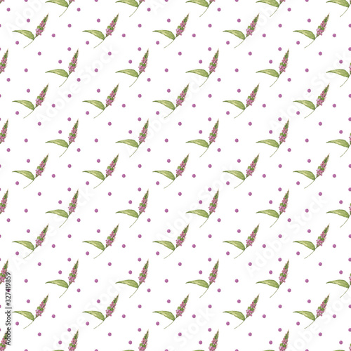 Pattern from handmade watercolor purple flower on a white background. Use for menus, invitations, menus, weddings