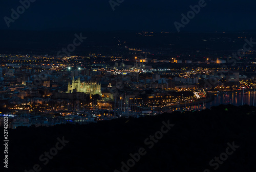 Mallorca, spain, December 12 2016: The Cathedral and the Bay of Palma de Mallorca at night