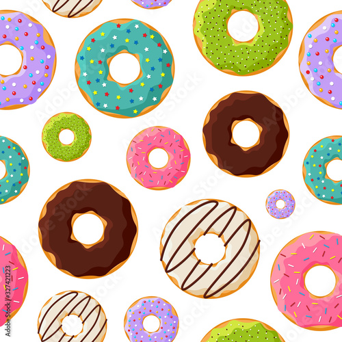 Colorful glazed sweet donuts seamless pattern on white background. Vector bakery eps illustration
