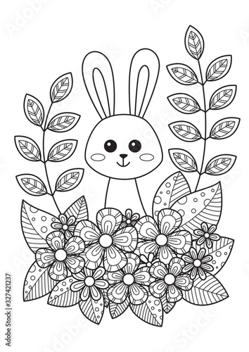 Cute easter bunny in flowers doodle coloring book page. Hand Drawn black and white sketch. Antistress coloring book page for adults.
