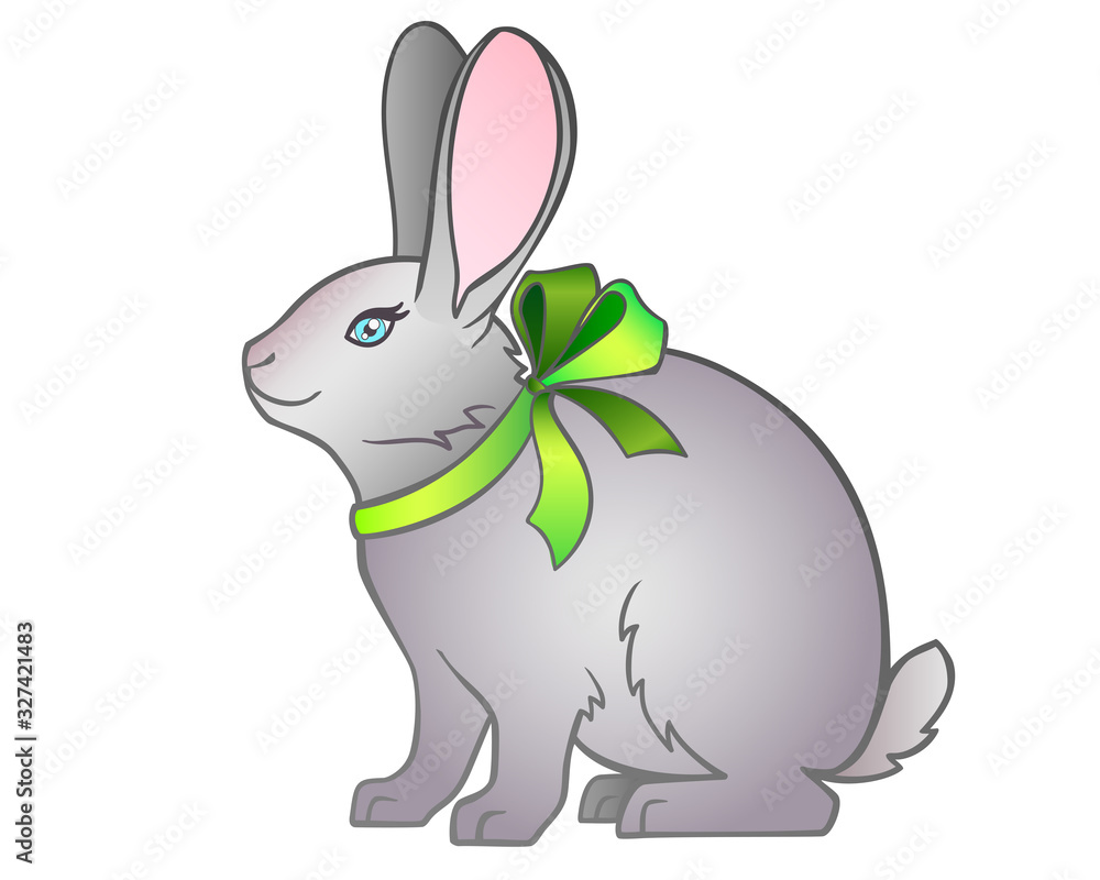 Beautiful, cute, vector rabbit with pink ears and a nose. Gray rabbit with a green bow on the neck. Funny pet - rabbit - full color picture Beautiful, cute, vector rabbit with pink ears and a nose. Gray rabbit with a green bow on the neck. Funny pet - rabbit - full color picture
