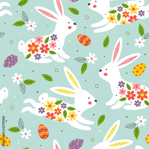 seamless pattern white easter bunny on blue background - vector illustration, eps    