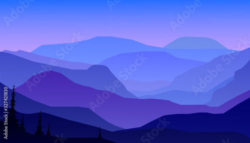 Night landscape with mountains. Vector illustration