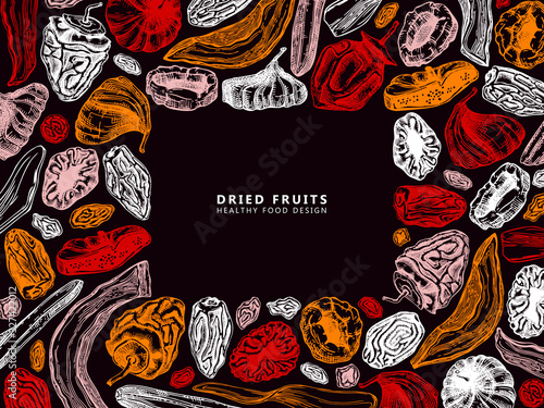 Dried fruits and berries frame design. Vintage dehydrated fruits in color template. Healthy food dessert - dried mango, melon, fig, apricot, banana, persimmon, dates, prune, raisin. Oriental sweets.