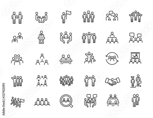 Set of linear meeting icons. Training icons in simple design. Vector illustration