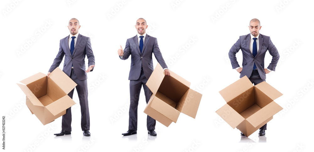 Businessman with box isolated on the white Businessman with box isolated on the white