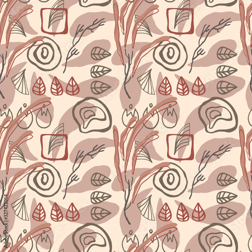 seamless repeat pattern with hand drawn leaves, branches and abstract shapes