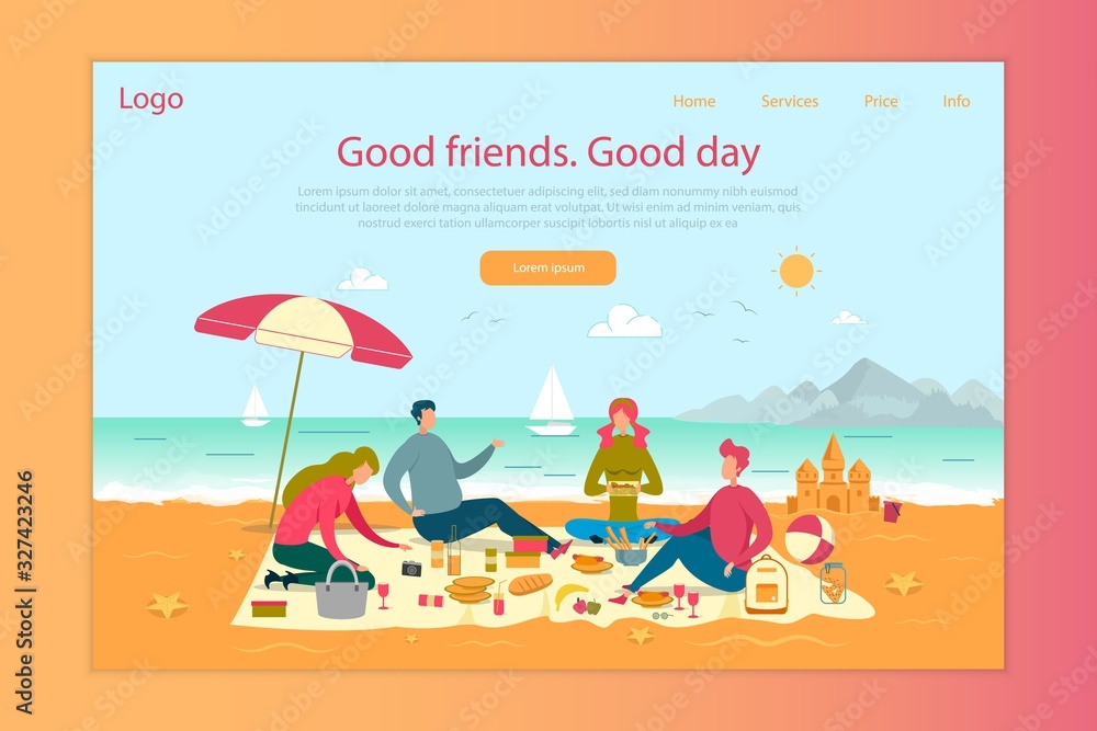 Friends Picnic on Beach Flat Landing Page Template