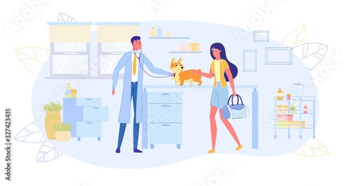 Fashionable Lady Coming with Dog for Medical Exam.