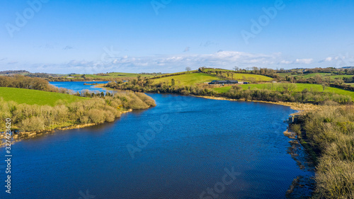  aerial view of sunny quoile river winter countryside in Downpatrick,Northern Ireland