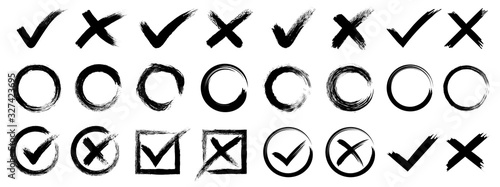 Set hand drawn check mark, tick and cross brush signs, checkmark OK and X icons, symbols YES and NO button, checkbox chalk icons, sketch checkmarks, checklist marks - stock vector