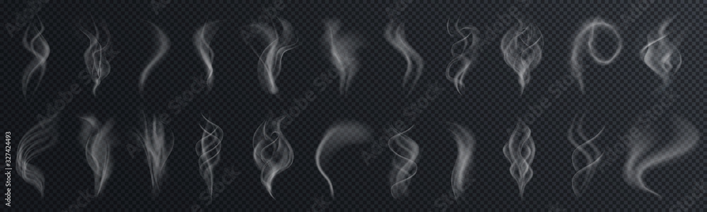 Set of realistic transparent smoke or steam isolated in white and gray colors, fog and mist effect. Collection of white smoke steam, waves from tea, coffee, hot food, cigarettes - stock vector - obrazy, fototapety, plakaty 