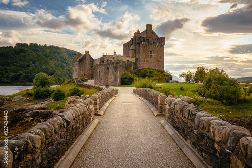 Eilean Donan Castle from 13th century in the centre of three lochs - Alsh, Duich, Long, in Dornie, Kyle of Lochalsh, Scotland, UK
