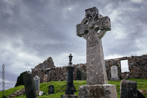 Old Viking Cross near abandoned Old Church of Kilchrist (Cill Chriosd) in Broadford, Isle of Skye, Scotland, UK photo