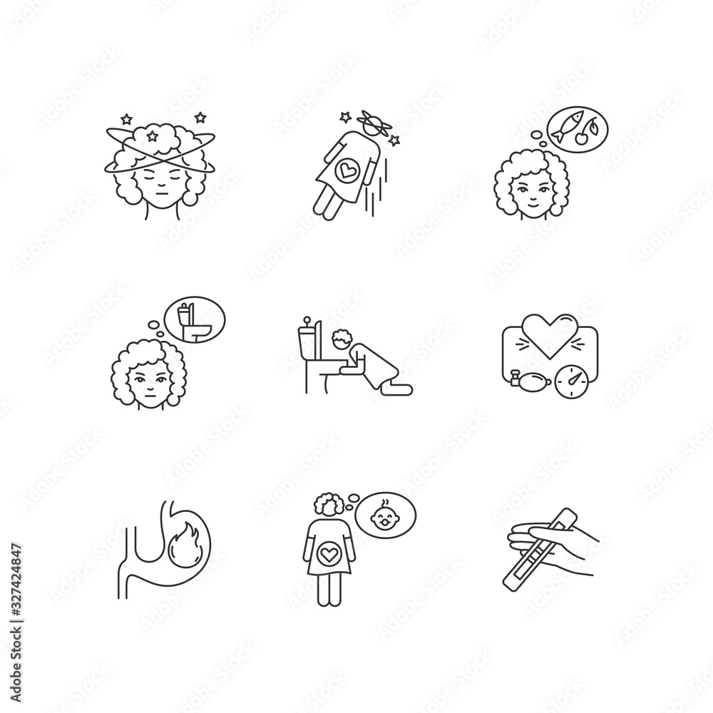 Early pregnancy symptom pixel perfect linear icons set. Feeling of dizziness. Falling from fainting. Customizable thin line contour symbols. Isolated vector outline illustrations. Editable stroke Early pregnancy symptom pixel perfect linear icons set. Feeling of dizziness. Falling from fainting. Customizable thin line contour symbols. Isolated vector outline illustrations. Editable stroke