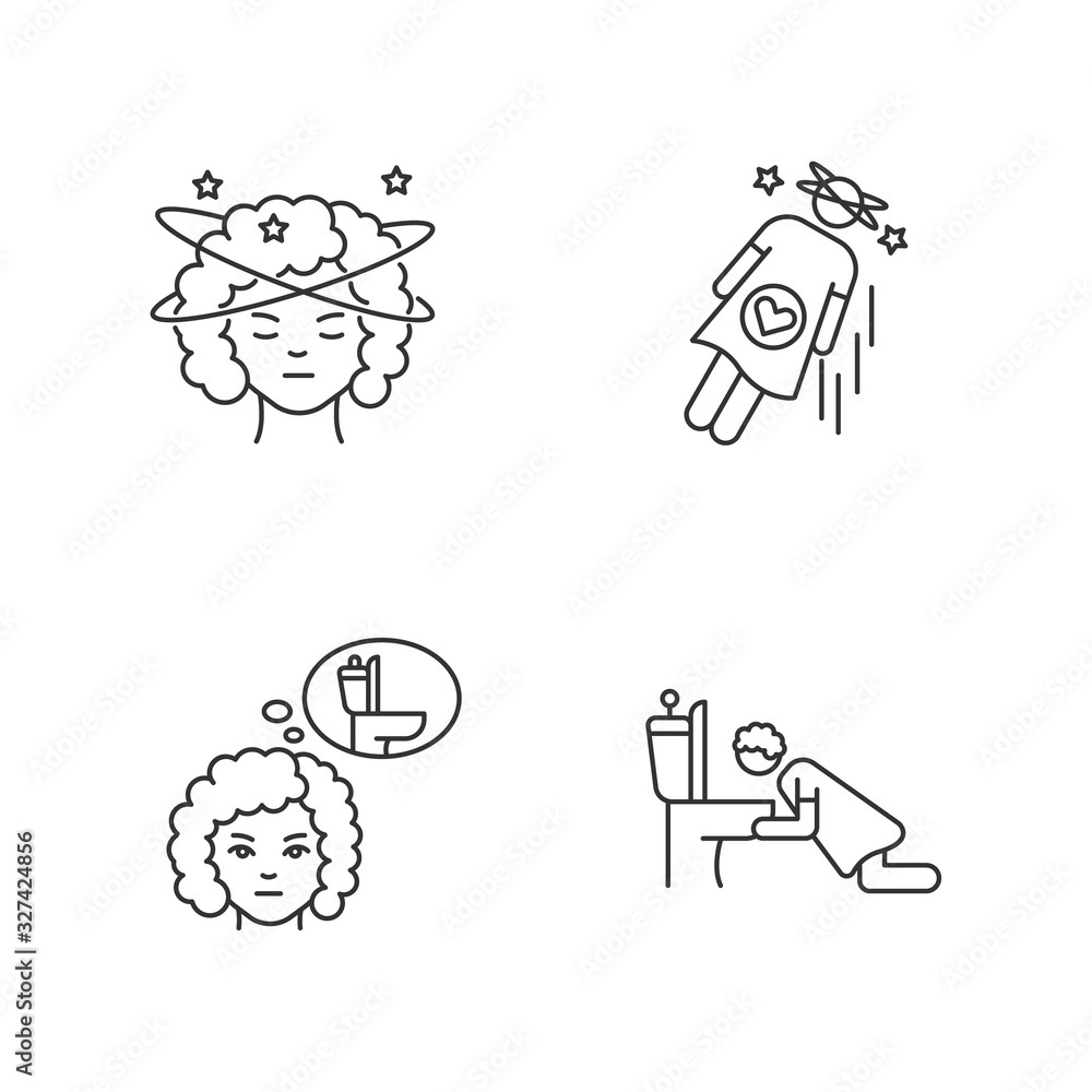 Early pregnancy symptom pixel perfect linear icons set. Lady with dizziness. Sick from food poisoning. Customizable thin line contour symbols. Isolated vector outline illustrations. Editable stroke Early pregnancy symptom pixel perfect linear icons set. Lady with dizziness. Sick from food poisoning. Customizable thin line contour symbols. Isolated vector outline illustrations. Editable stroke