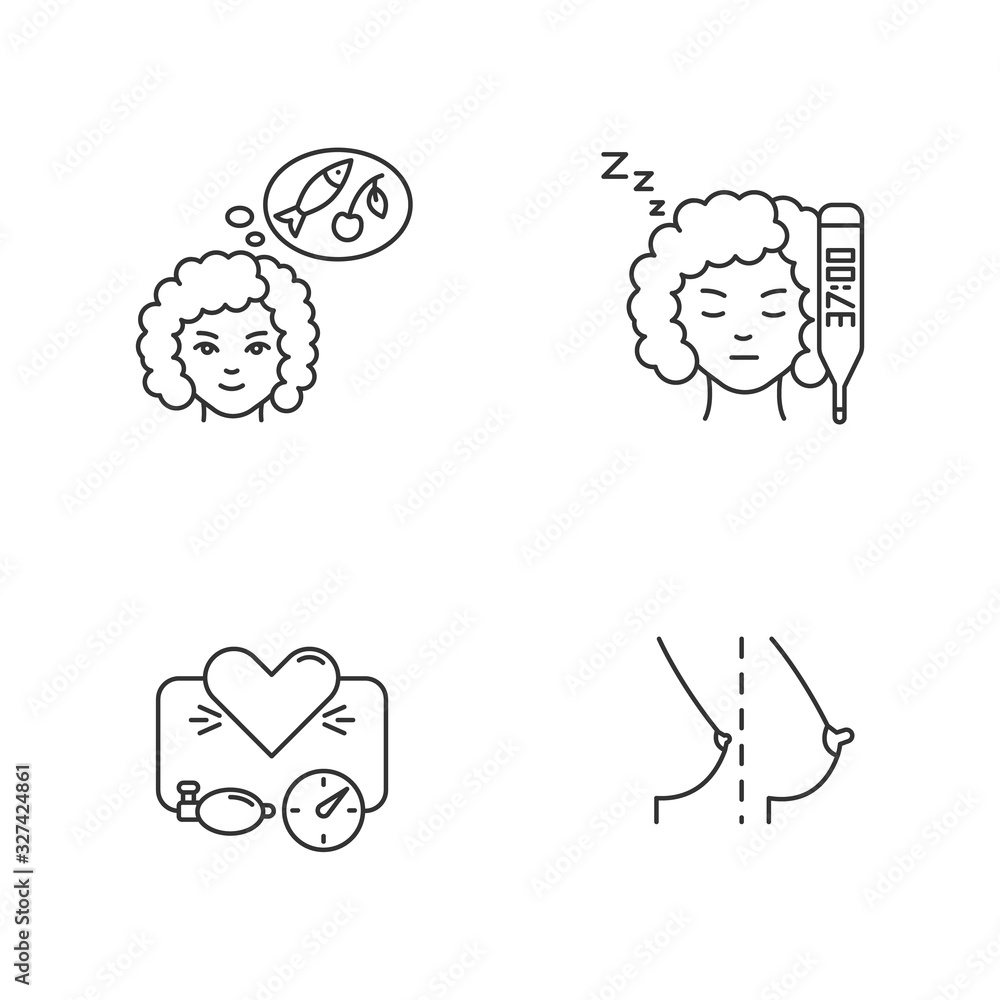 Early pregnancy symptom pixel perfect linear icons set. Raised basal temperature. High blood pressure. Customizable thin line contour symbols. Isolated vector outline illustrations. Editable stroke Early pregnancy symptom pixel perfect linear icons set. Raised basal temperature. High blood pressure. Customizable thin line contour symbols. Isolated vector outline illustrations. Editable stroke