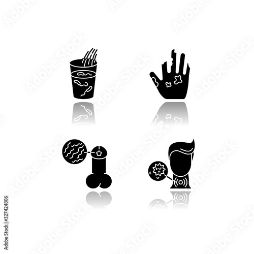 Endemic diseases drop shadow black glyph icons set. Cholera, leprosy, syphilis and diphtheria viruses. Contagious respiratory and venereal diseases isolated vector illustrations on white space