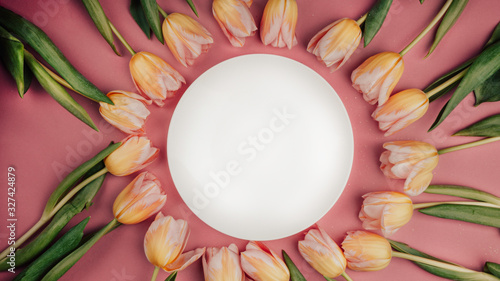 Spring tulips frame, with plate on pink background