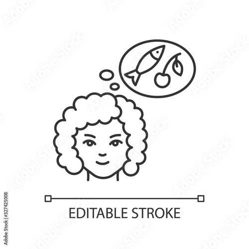 Food craving pixel perfect linear icon. Woman on healthy diet. Thinking of nutritious meal. Thin line customizable illustration. Contour symbol. Vector isolated outline drawing. Editable stroke