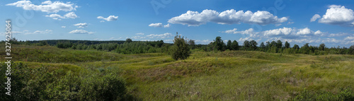 Panorama. Large size. Landscape. Meadows and ravines on a Sunny summer day. Beautiful blue sky with clouds