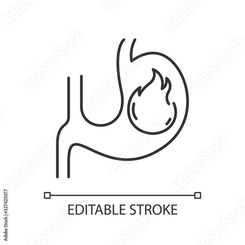 Heartburn pixel perfect linear icon. Stomach ache. Food poisoning. Gastrointestinal problem. Thin line customizable illustration. Contour symbol. Vector isolated outline drawing. Editable stroke