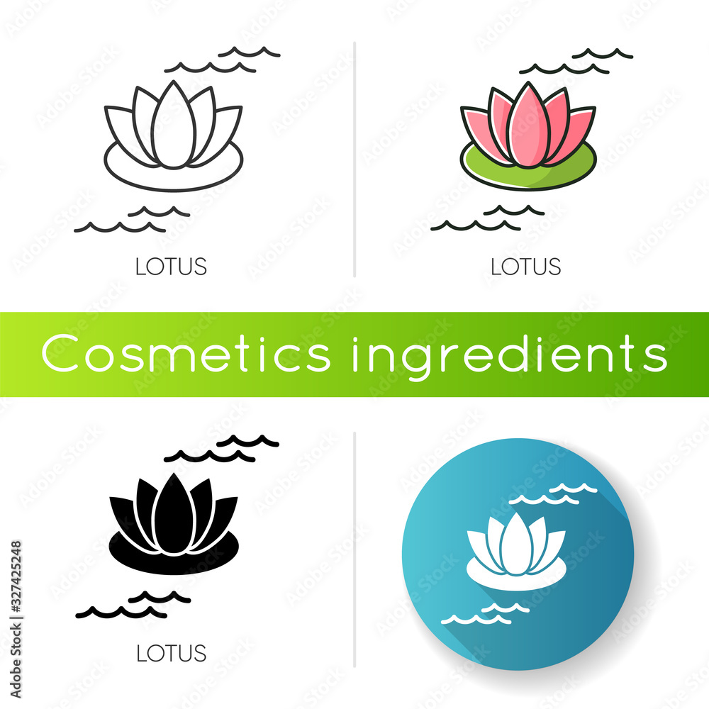 Lotus icon. Blooming lily flower. Yoga sign. Meditation and zen. Massage treatment. Floral petals. Cosmetic ingredient to heal acne. Linear black and RGB color styles. Isolated vector illustrations