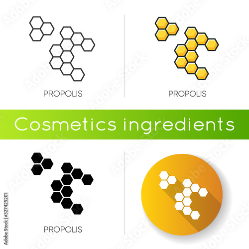 Propolis icon. Honey combs. Hive cell. Acne treatment component. Beekeeping, beeswax. Agriculture. Korean beauty cosmetic ingredient. Linear black and RGB color styles. Isolated vector illustrations
