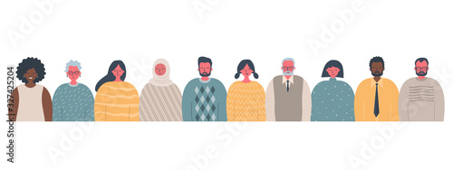 Community of people of different sexes, races and ages. International group of people. There are women, men, older people and young people in the picture. Vector illustration on a white background.