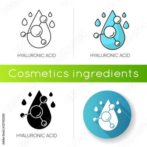 Hyaluronic acid icon. Hydrating chemical formula. Collagen to prevent wrinkles. Anti-aging effect. Korean cosmetic ingredient. Linear black and RGB color styles. Isolated vector illustrations