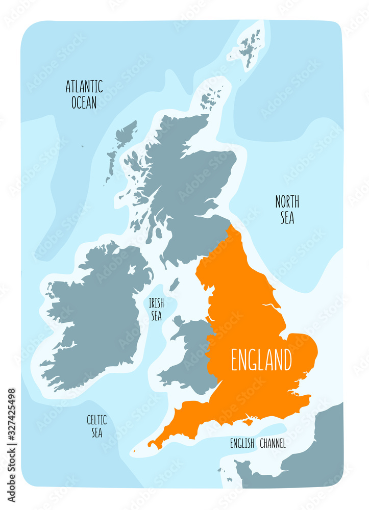 Hand drawn map of England and the British Isles. Colorful hand drawn 