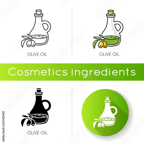 Olive oil icon. Vegan component. Exfoliating and moisturizing effect for skincare. Traditional food seasoning. Extra virgin oil. Linear black and RGB color styles. Isolated vector illustrations