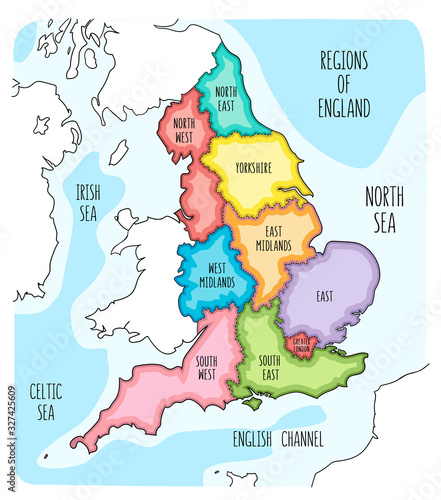 Hand drawn map of England with regions. Colorful hand drawn vector illustration
