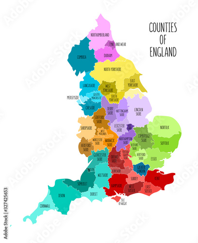Hand drawn map of England with counties. Colorful hand drawn vector illustration
