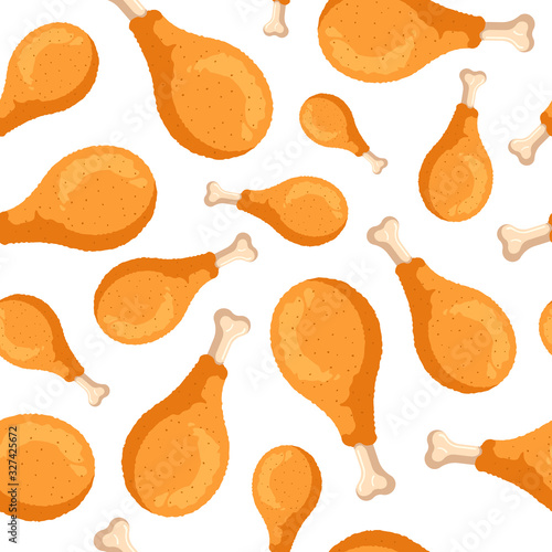 Fried crispy chicken legs seamless pattern. Cartoon fast food drumsticks isolated cooking texture flat vector illustration