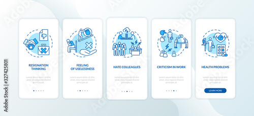 Burnout onboarding mobile app page screen with concepts. Fired from work. Healthcare trouble walkthrough 5 steps graphic instructions. UI vector template with RGB color illustrations