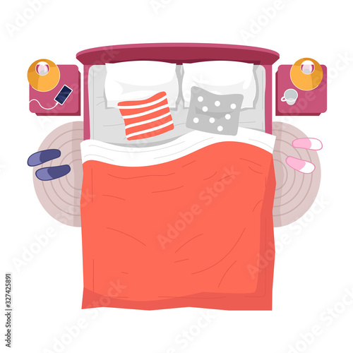 Bed, night lamp stads top view semi flat RGB color vector illustration. Interior decor above. Bedroom furniture, sleeping accessories, orange linens isolated cartoon object on white background