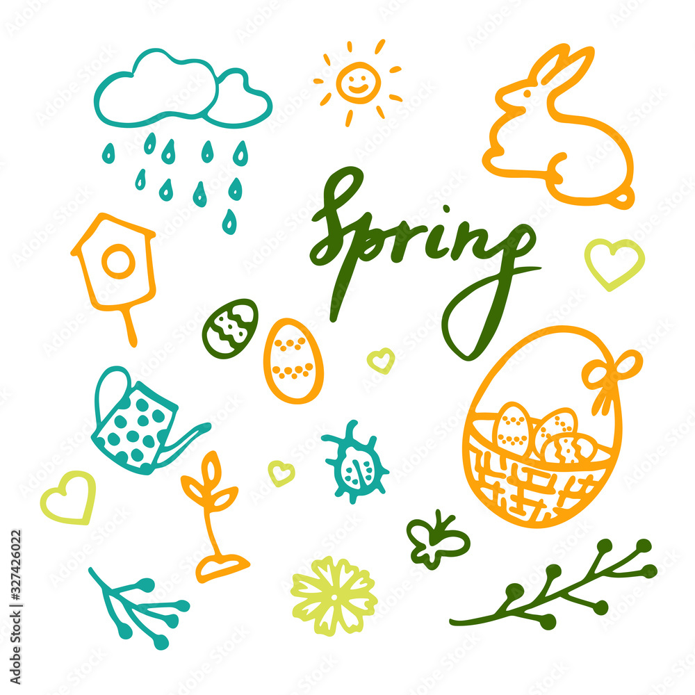 Naklejka premium Vector design elements set with inscription Spring, birdhouse, flower, bug, rainy cloud, sun, easter eggs in a basket, sprout, teapot, easter eggs and hearts