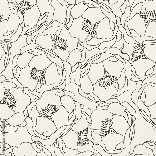 Monochrome seamless pattern with Peony flowers. Linear hand drawn texture