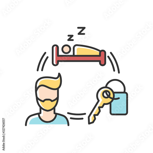 Renting hotel room for short term RGB color icon. Booking sleeping accommodation. Housing facility. Spending night at hostel. Travelling facilities. Rental service. Isolated vector illustration